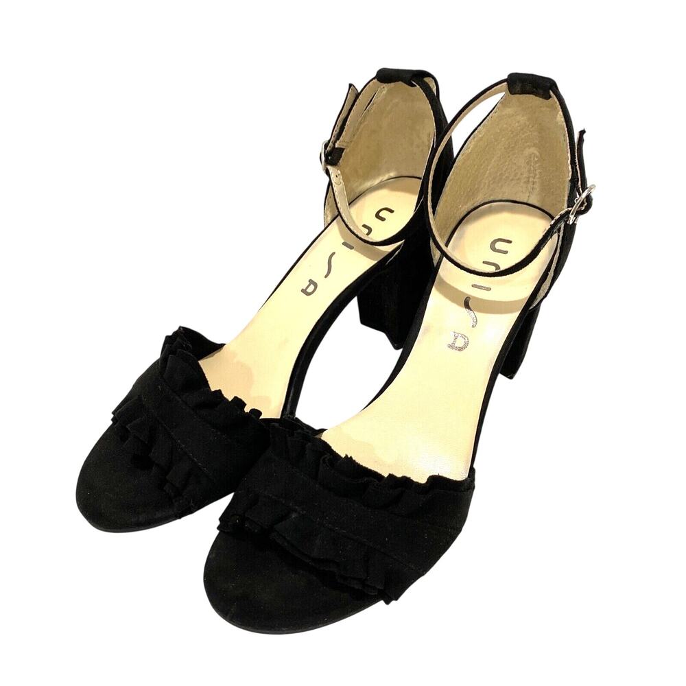 Unisa "Dian" dressy black faux suede high heel shoes ankle straps open toes 8M